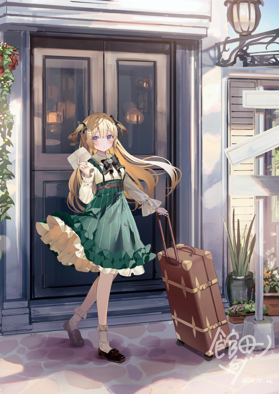 1girl black_shoes blonde_hair floating_hair full_body green_skirt hand_up highres holding holding_paper kanda_done long_hair long_sleeves looking_at_viewer original outdoors paper parted_lips rolling_suitcase shirt shoes signature skirt socks solo suitcase two_side_up white_socks
