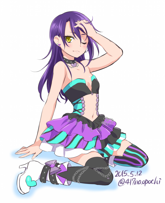 0417nao 1girl alternate_hairstyle bare_shoulders black_choker boots choker dated earrings full_body hair_down hand_in_own_hair hand_on_floor heart heart_choker heart_earrings idol_clothes jewelry light_smile long_hair looking_at_viewer navel one_eye_closed pretty_series pripara purple_hair sitting solo thighhighs toudou_shion twitter_username wariza white_boots yellow_eyes