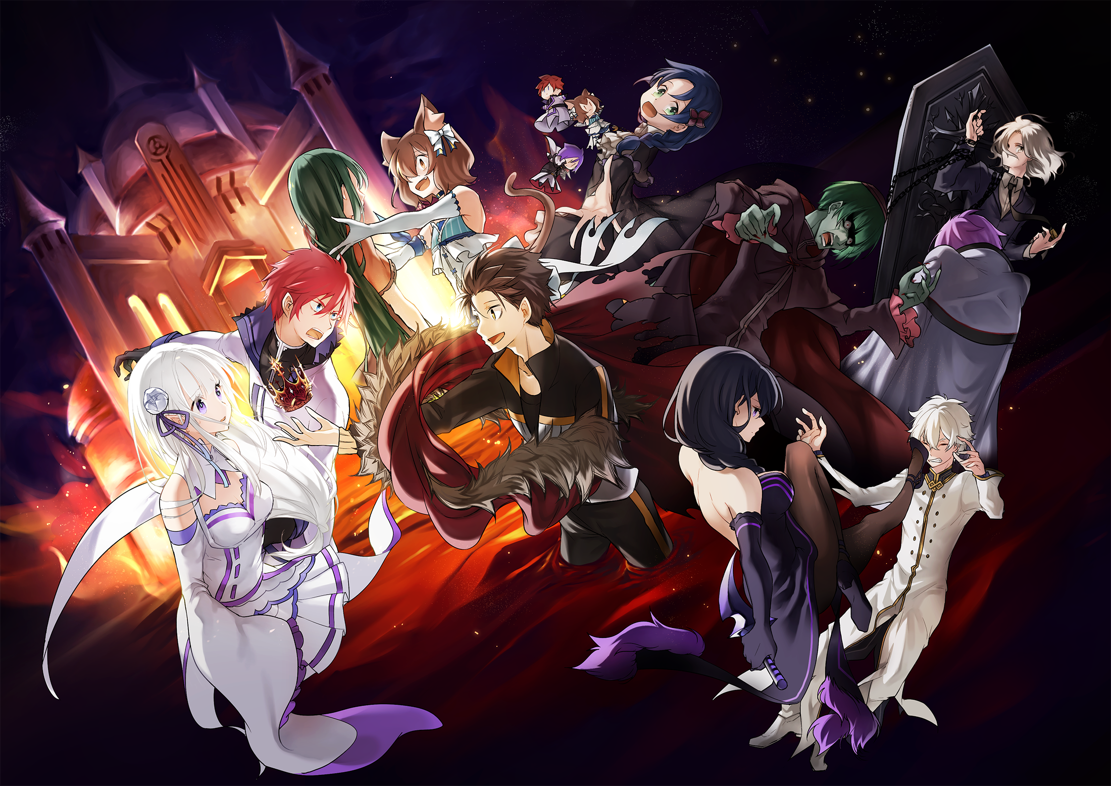 4girls 6+boys black_hair blue_hair cat_boy chain character_doll colored_skin crown crusch_karsten doll elsa_granhilte emilia_(re:zero) felix_argyle ferris_(jussai_no_saikyou_madoushi) fire green_hair green_skin highres inawa_akito julius_juukulius meili_portroute multiple_boys multiple_girls natsuki_subaru otto_suewen petelgeuse_romaneeconti re:zero_kara_ayamatsu_isekai_seikatsu re:zero_kara_hajimeru_isekai_seikatsu regulus_corneas reinhard_van_astrea trap white_hair