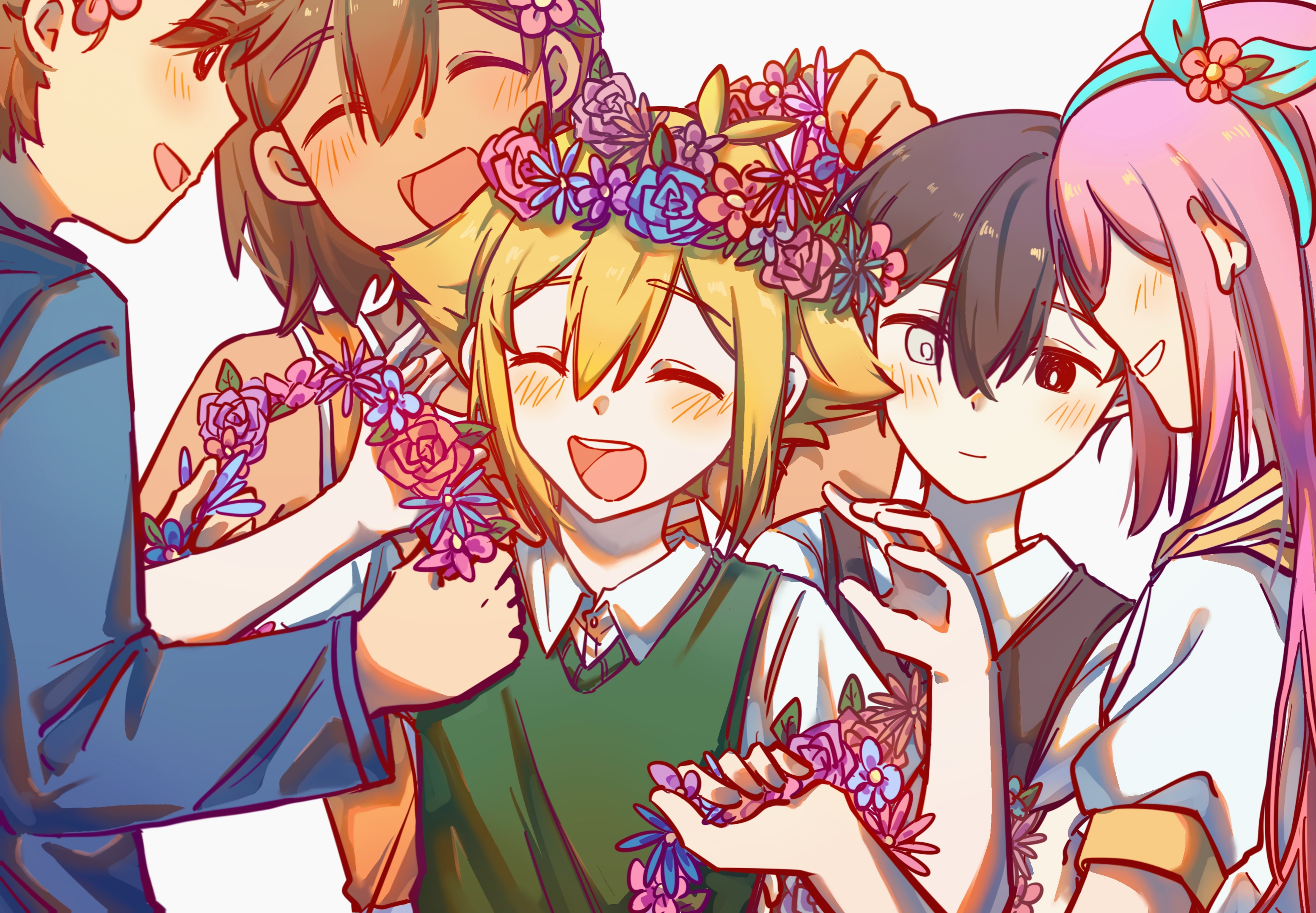 1girl 4boys antenna_hair aubrey_(faraway)_(omori) aubrey_(omori) bailan1130 basil_(faraway)_(omori) basil_(omori) black_eyes black_hair black_sweater_vest blonde_hair blue_hairband blue_sweater blush bright_pupils brothers brown_eyes brown_hair cataracts closed_eyes closed_mouth collared_shirt dark-skinned_male dark_skin flower green_sweater_vest grey_eyes grin hair_flower hair_ornament hairband head_wreath hero_(faraway)_(omori) hero_(omori) highres jacket kel_(faraway)_(omori) kel_(omori) long_hair long_sleeves looking_at_another multiple_boys omori open_mouth pink_hair shirt short_hair short_sleeves siblings smile spoilers sunny_(omori) sweater sweater_vest teeth upper_teeth_only white_jacket white_pupils white_shirt