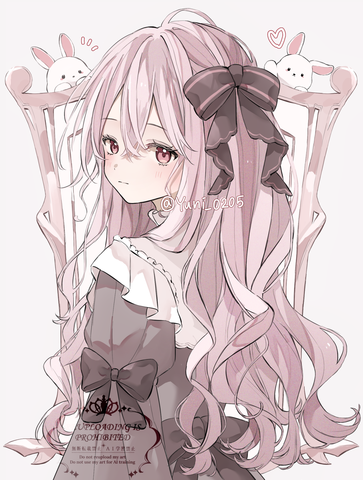 1girl black_bow black_dress blush bow closed_mouth commentary_request dress hair_between_eyes hair_bow heart highres long_hair looking_at_viewer looking_back notice_lines original pink_eyes pink_hair rabbit solo upper_body watermark wavy_hair white_rabbit_(animal) yuni_0205