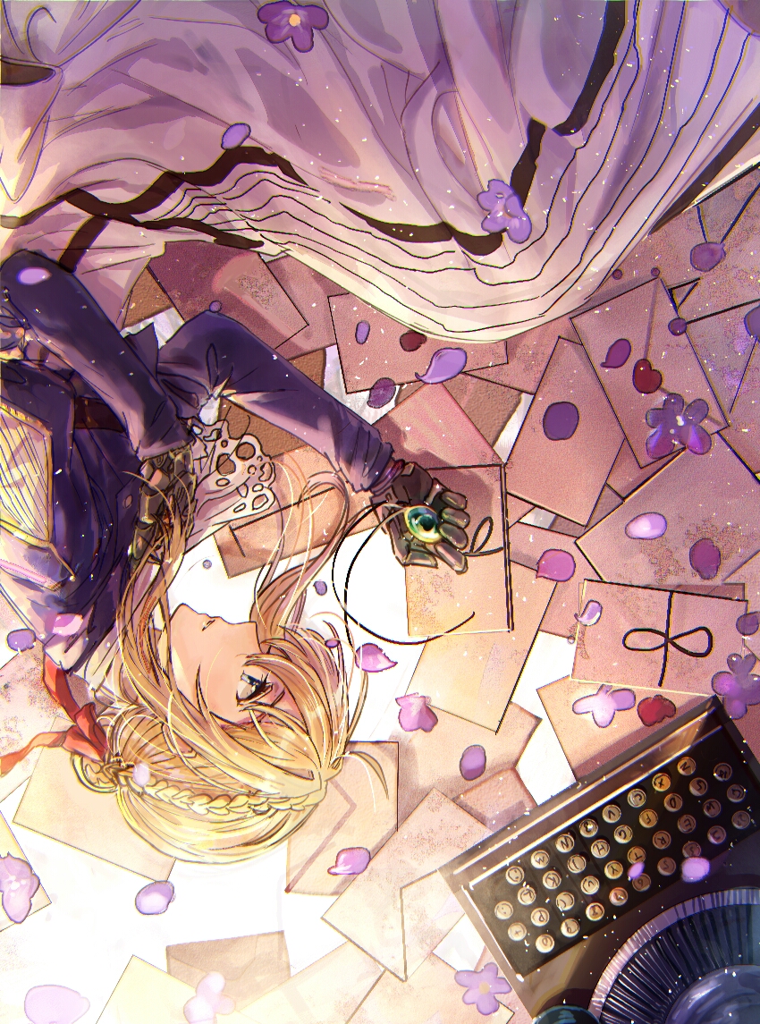 1girl blonde_hair blunt_bangs braid dress falling_petals gloves hair_bun hair_ribbon holding_pendant letter lying mechanical_arms mento paper parted_lips petals purple_petals red_ribbon ribbon sidelocks single_mechanical_arm solo upside-down violet_evergarden violet_evergarden_(series)