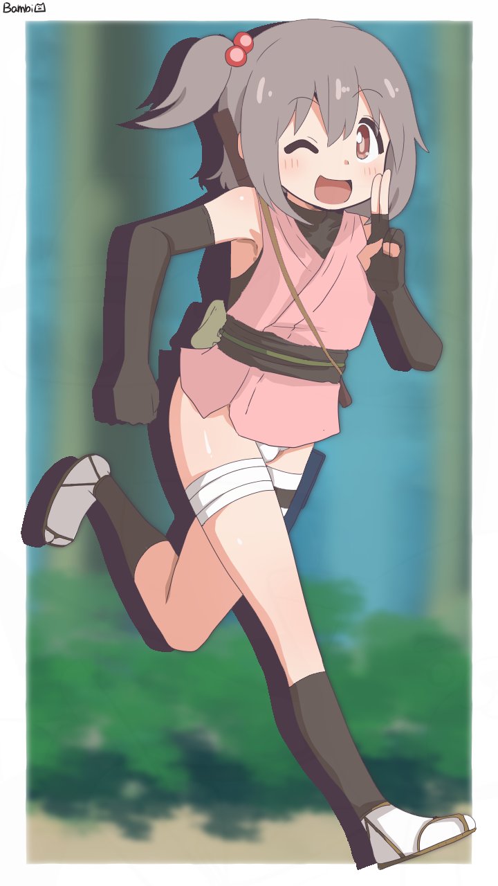 1boy :d artist_name bambi2000line bandaged_leg bandages black_gloves blurry blurry_background bow bulge commentary elbow_gloves full_body gloves grey_hair hair_between_eyes hair_bow highres japanese_clothes kimono male_focus ninja no_pants one_eye_closed onii-chan_wa_oshimai! open_mouth pink_kimono running sandals sash senkawa_minato short_hair short_kimono short_sidetail smile solo trap