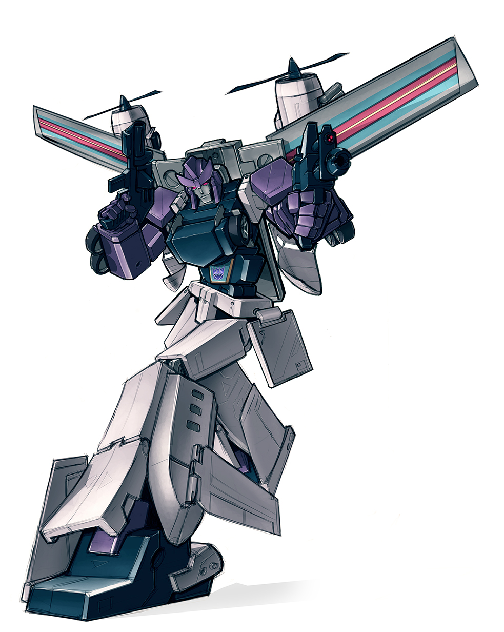 aiming aiming_at_viewer blitz-wing commentary decepticon deviantart dual_wielding energy_gun english_commentary highres holding insignia mecha octane_(transformers) propeller ray_gun red_eyes robot science_fiction simple_background sketch smirk solo transformers weapon wings