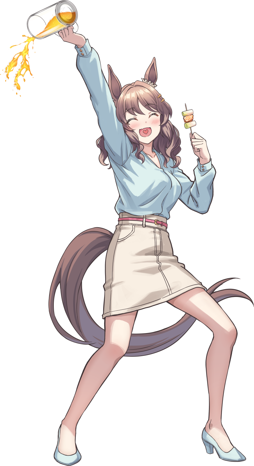 1girl ^_^ alcohol animal_ears arm_up beer beer_mug belt beniimo_danshaku blue_shirt blush breasts brown_hair brown_skirt closed_eyes cup ear_ornament food full_body hair_ornament hairclip heart heart_in_mouth high_heels highres holding holding_food horse_ears horse_girl horse_tail light_hello_(umamusume) long_sleeves medium_hair mug open_mouth pencil_skirt shirt shirt_tucked_in simple_background skewer skirt small_breasts smile solo standing tail umamusume white_background white_footwear