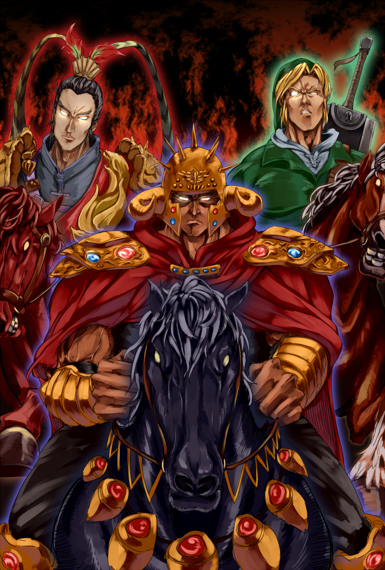 3boys asutora aura berserk black_pants blonde_hair bracelet cape closed_mouth commentary_request crossover crown epona fake_horns frown gem glowing glowing_eyes green_hat hat helmet horned_helmet horns horse horseback_riding jewelry kokuoh_(hokuto_no_ken) link looking_at_viewer lu_bu_(shin_sangoku_musou) male_focus manly multiple_boys muscular necklace nintendo no_pupils pants raoh_(hokuto_no_ken) red_cape riding shin_sangoku_musou spikes sword the_legend_of_zelda vest weapon weapon_on_back when_you_see_it