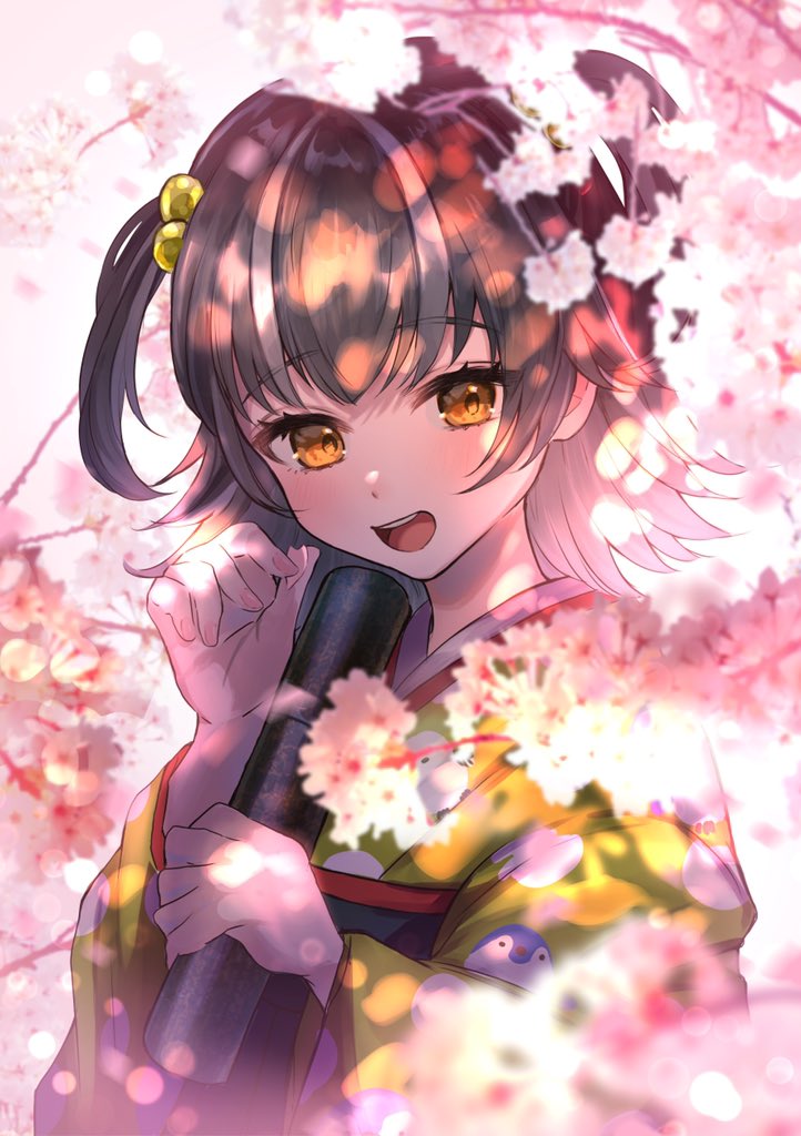 1girl :d alternate_costume animal_print asatsuyu bird_print black_hair blurry blurry_background blurry_foreground blush cherry_blossoms colored_inner_hair commentary_request day depth_of_field fingernails gems_company graduation grey_hair hair_bobbles hair_ornament hand_up holding_tube japanese_clothes kimono kosedo_ramu long_sleeves looking_at_viewer looking_to_the_side multicolored_hair nail_polish obi open_mouth orange_eyes outdoors petals pink_nails print_kimono raised_eyebrow sash short_hair smile solo streaked_hair teeth thick_eyelashes three_quarter_view tube turning_head two_side_up upper_body upper_teeth_only virtual_youtuber yellow_kimono