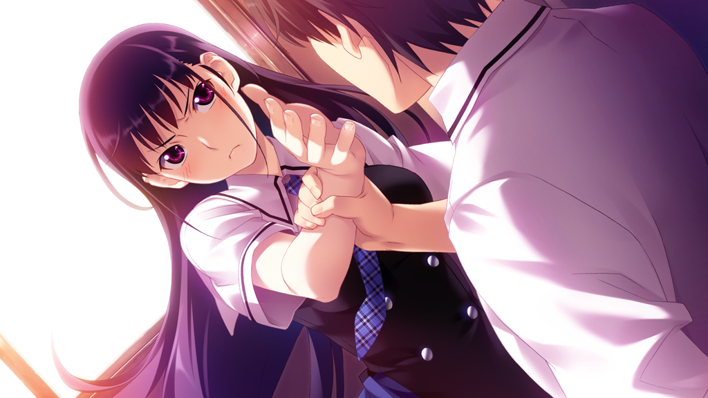1boy 1girl black_dress black_hair blue_dress blue_necktie blush breasts buttons closed_mouth double-breasted dress frown game_cg grisaia_(series) grisaia_no_kajitsu holding_another&#039;s_wrist incoming_attack indoors kazami_yuuji long_hair looking_at_another medium_breasts necktie non-web_source plaid_clothes plaid_necktie purple_eyes sailor_collar sakaki_yumiko school_uniform shirt short_sleeves two-tone_dress upper_body variant_set very_long_hair watanabe_akio white_sailor_collar white_shirt window