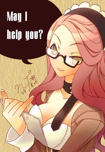 1girl artist_request black-framed_eyewear black_necktie breasts brown_background brown_dress brown_eyes cleavage clipboard closed_mouth dated dress english_text glasses holding holding_clipboard kafra_uniform large_breasts long_hair looking_at_viewer lowres lyrus_(ragnarok_online) maid maid_headdress necktie pink_hair ragnarok_online signature smile solo swept_bangs third-party_source upper_body