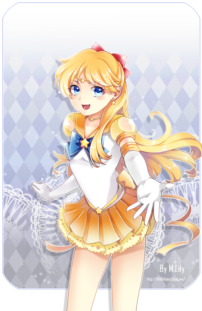 1990s_(style) 1girl aino_minako argyle_background argyle_clothes artist_name bad_id bad_pixiv_id bishoujo_senshi_sailor_moon bishoujo_senshi_sailor_moon_stars blonde_hair blue_eyes bow brooch dress earrings elbow_gloves female_focus gloves grey_background hair_bow half_updo jewelry long_hair m.lily magical_girl orange_dress orange_skirt outstretched_hand red_bow retro_artstyle ribbon sailor_collar sailor_venus skirt smile solo star_(symbol) star_brooch super_sailor_venus_(stars) tiara watermark web_address white_gloves