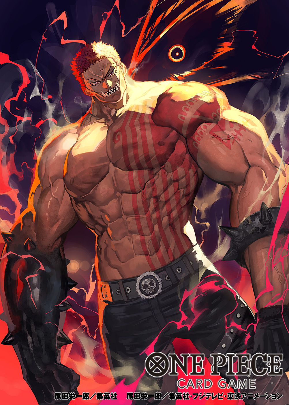 1boy abs arm_tattoo belt black_gloves black_pants bracelet charlotte_katakuri chest_tattoo commentary_request copyright_name dutch_angle gloves haki_(one_piece) highres jewelry lack looking_at_viewer male_focus muscular muscular_male official_art one_piece one_piece_card_game pants sharp_teeth short_hair smoke solo spiked_bracelet spikes tattoo teeth topless_male