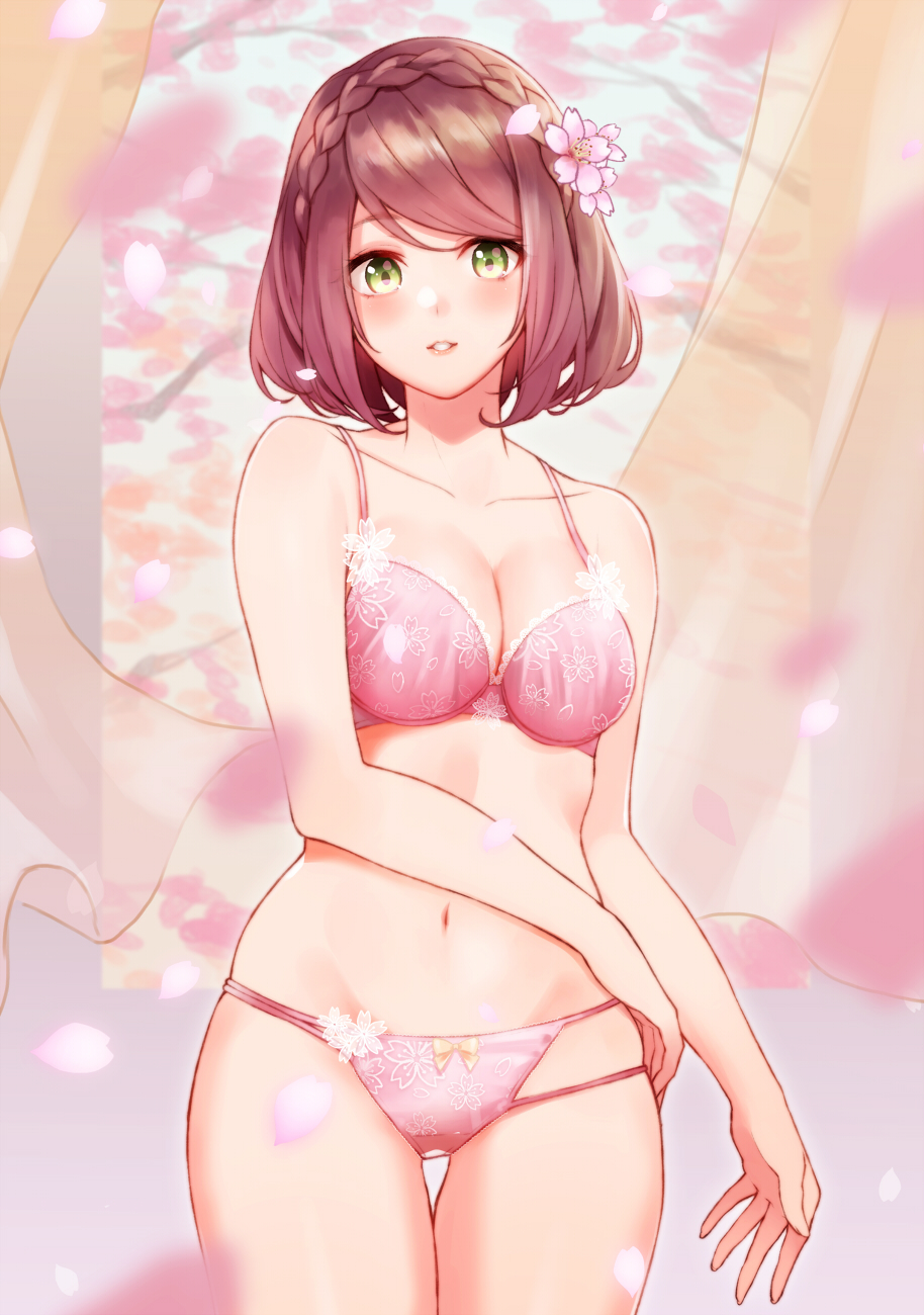 1girl bare_arms bare_shoulders blurry bra braid branch breasts brown_hair cherry_blossoms cleavage collarbone commentary_request cowboy_shot curtains depth_of_field female_focus flower french_braid green_eyes groin hair_flower hair_ornament highres lingerie looking_at_viewer medium_breasts multi-strapped_panties navel original panties parted_lips petals pink_bra pink_flower pink_panties retsuna short_hair solo thigh_gap underwear underwear_only
