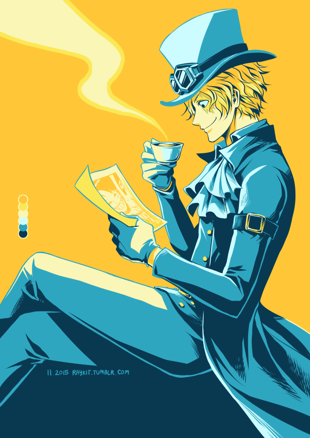 1boy armlet ascot blonde_hair crossed_legs cup goggles goggles_on_headwear hat holding holding_cup holding_paper jewelry male_focus mixed-language_commentary monkey_d._luffy one_piece paper profile raykit sabo_(one_piece) scar scar_on_face short_hair sitting smoke solo thai_commentary top_hat tumblr_username