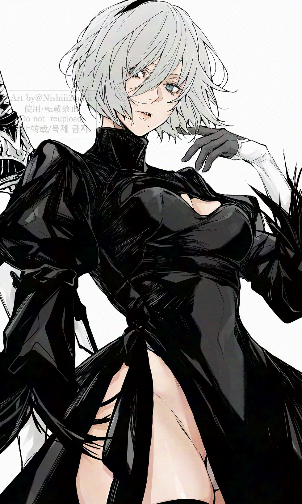 1girl 2b_(nier:automata) android breasts commentary gloves hairband highres looking_at_viewer mole nier:automata nier_(series) nishiii26miii simple_background small_breasts solo sword thigh_peek thighs weapon white_background white_hair