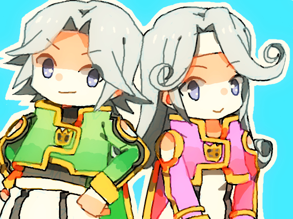 1boy 1girl blue_background blue_eyes dio_(tales) dress grey_hair headband jacket long_hair mel_(tales) pants short_hair smile tales_of_(series) tales_of_phantasia:_narikiri_dungeon tales_of_phantasia:_narikiri_dungeon_x