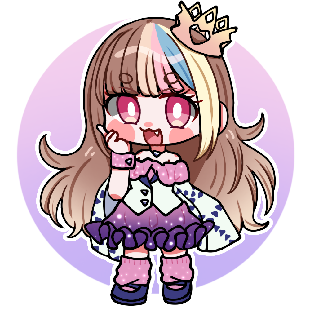 1girl :3 bare_shoulders blonde_hair blue_hair blue_sandals blush_stickers bright_pupils brown_hair chibi chibi_only coat crown frilled_skirt frills galaco galaco_(white) hand_on_own_cheek hand_on_own_face jewelry looking_at_viewer multicolored_hair necklace off-shoulder_shirt off_shoulder open_mouth outline pink_eyes pink_hair pink_socks purple_skirt sandals shirt skirt smile socks solo streaked_hair togase_ameko vocaloid white_coat white_outline white_pupils white_shirt wristband
