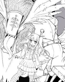1girl digimon digimon_(creature) looking_at_viewer lowres manticoremon tongue tongue_out twintails