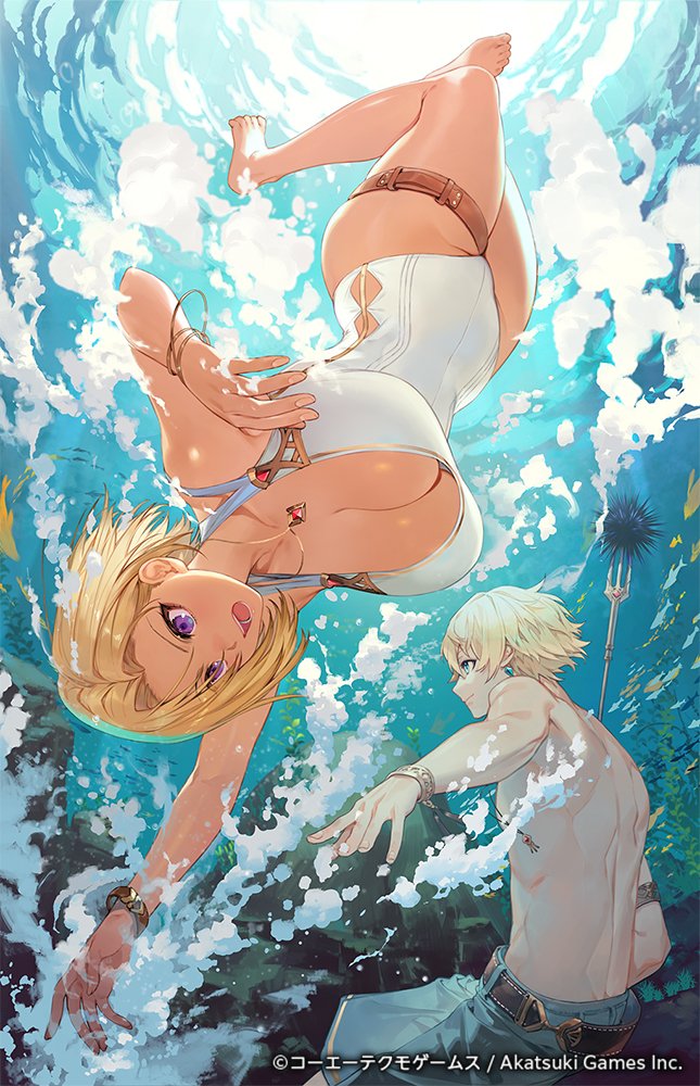 1boy 1girl atelier_(series) atelier_resleriana barefoot belt blonde_hair blue_eyes blue_male_swimwear bracelet breasts cleavage commentary_request copyright_notice dark-skinned_female dark_skin fish jewelry juna_waitz kodama_(wa-ka-me) large_breasts male_swimwear ocean official_alternate_costume official_art one-piece_swimsuit outdoors outstretched_arm profile purple_eyes roman_kalman second-party_source short_hair swimming swimsuit thigh_strap underwater upside-down white_one-piece_swimsuit