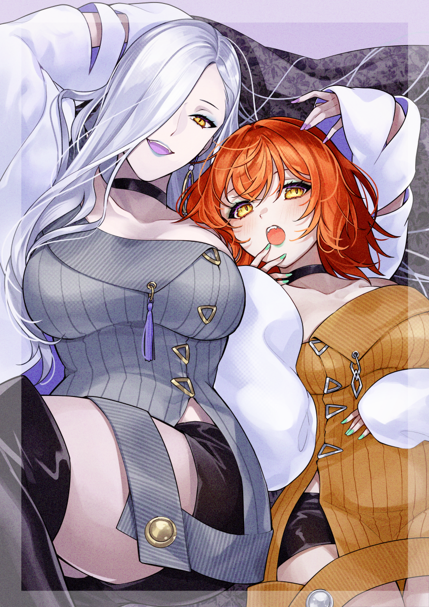 2girls ahoge bare_shoulders black_footwear black_shorts blue_lips boots breasts choker cleavage collarbone cosplay dress earrings eyeliner fate/grand_order fate_(series) fujimaru_ritsuka_(female) green_lips grey_dress hair_over_one_eye highres hoop_earrings ichino_tomizuki jacket jewelry large_breasts long_hair long_sleeves looking_at_viewer makeup medium_breasts mrs._snake_(fate) mrs._snake_(fate)_(cosplay) multiple_girls off_shoulder open_mouth orange_dress orange_eyes orange_hair short_hair short_shorts shorts smile sweater sweater_dress tassel thigh_boots thighs white_hair white_jacket yellow_eyes