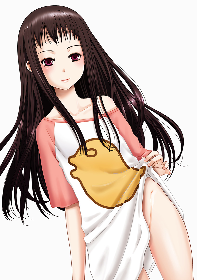 1girl ar_tonelico ar_tonelico_ii black_hair blush bottomless closed_mouth collarbone inumori_sayaka jakuri_(ar_tonelico) long_hair looking_at_viewer off_shoulder purple_eyes shirt simple_background smile solo t-shirt white_background