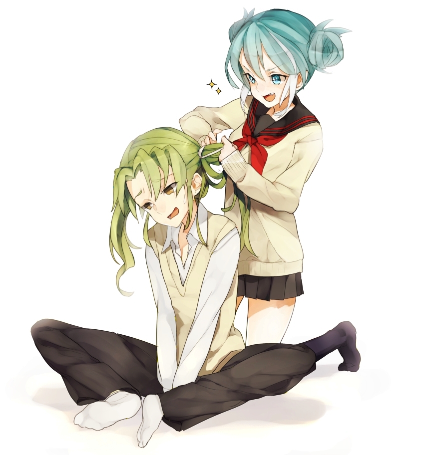 1boy 1girl bad_id blue_eyes blue_hair bunkyo_takemi feet green_hair hairdressing inazuma_eleven inazuma_eleven_(series) long_hair maquia midorikawa_ryuuji open_mouth school_uniform socks styling_hair twintails yellow_eyes