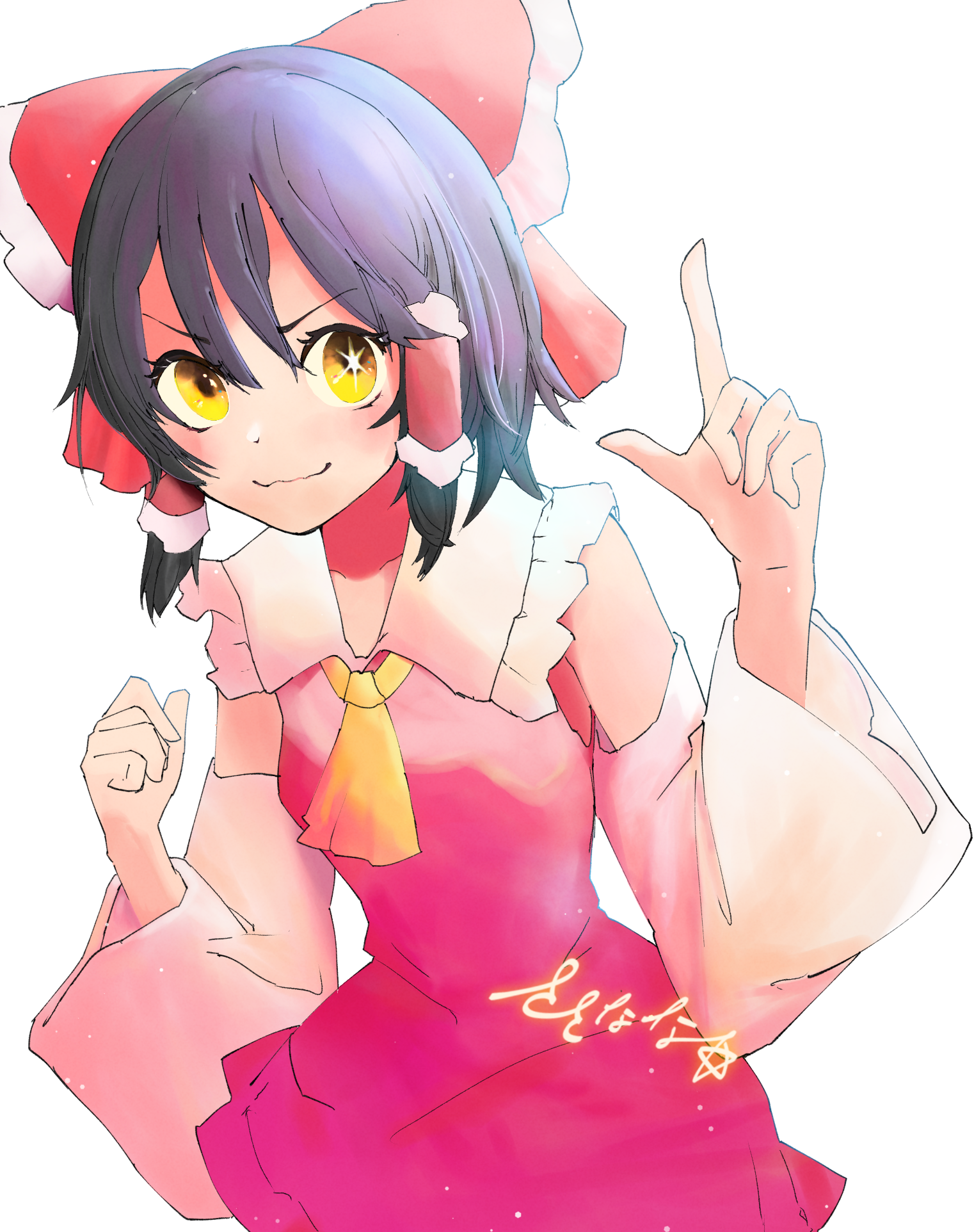 1girl :3 ascot black_hair blush bow clenched_hand closed_mouth collared_dress commentary cookie_(touhou) cowboy_shot detached_sleeves dress frilled_bow frilled_hair_tubes frilled_shirt_collar frills hair_bow hair_tubes hakurei_reimu highres index_finger_raised looking_at_viewer oshi_no_ko pink_dress red_bow sananana_(cookie) short_hair sidelocks simple_background sleeveless sleeveless_dress smile solo star-shaped_pupils star_(symbol) symbol-shaped_pupils touhou white_background white_sleeves whiterolo yellow_ascot yellow_eyes