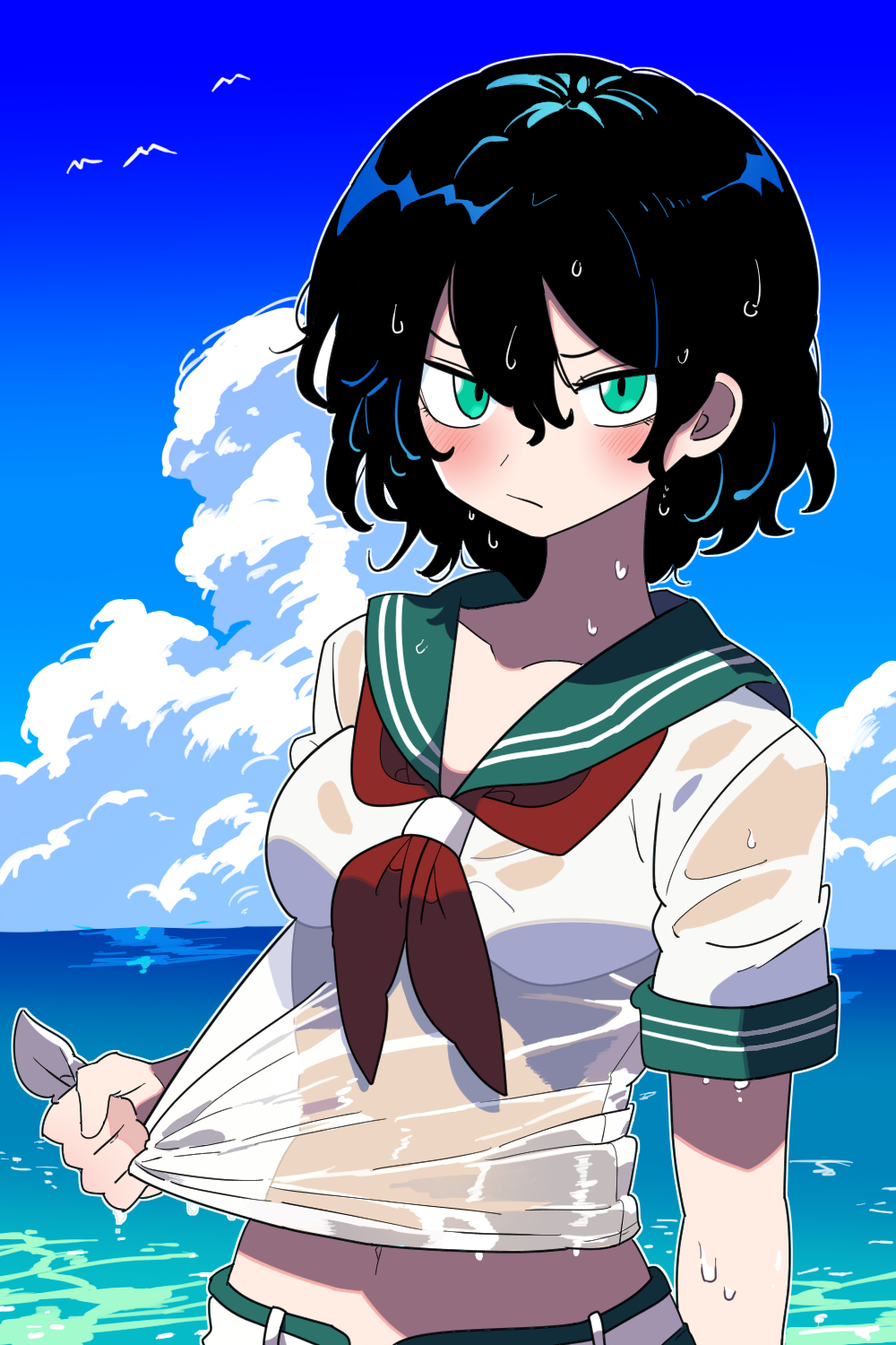 1girl :/ black_hair blue_sky bollzzalguy breasts closed_mouth cloud collarbone day green_eyes green_sailor_collar hashtag-only_commentary highres looking_at_viewer medium_breasts midriff murasa_minamitsu neckerchief ocean outdoors red_neckerchief sailor_collar sailor_shirt shirt short_hair short_sleeves shorts sky solo touhou upper_body v-shaped_eyebrows wet wet_clothes wet_shirt white_shirt white_shorts wringing_clothes