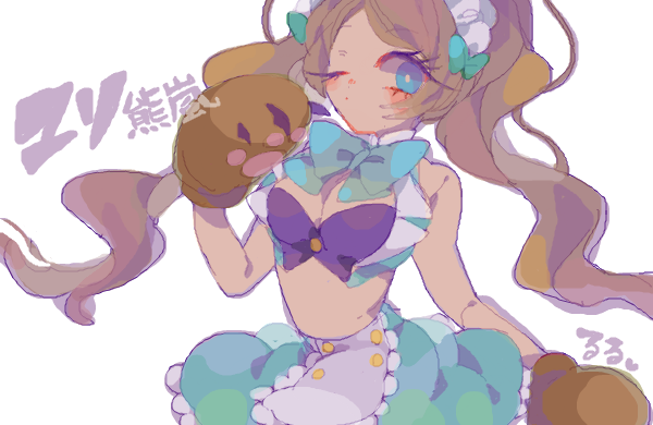 1girl animal_hands apron bear_paws blush bow breasts brown_hair character_name cleavage closed_mouth commentary_request copyright_name crop_top gloves green_bow green_skirt hair_bow hand_up long_hair looking_at_viewer maid_headdress medium_breasts navel nekototukimisou one_eye_closed paw_gloves simple_background skirt solo standing twintails waist_apron white_background yuri_kuma_arashi yurigasaki_lulu