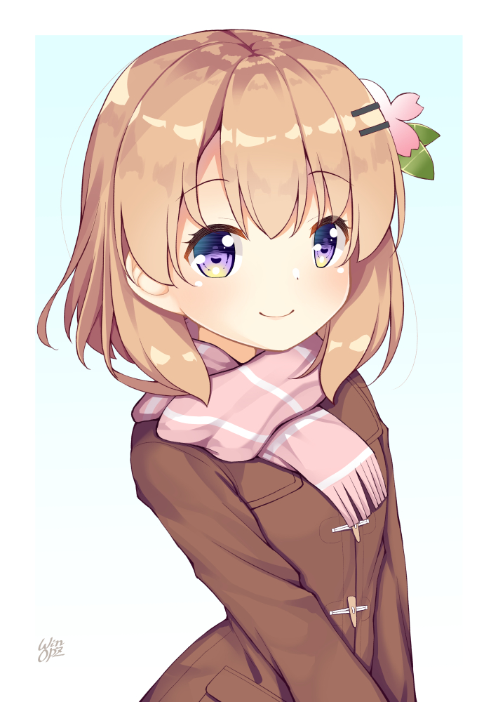 brown_jacket flower gochuumon_wa_usagi_desu_ka? hair_flower hair_ornament hoto_cocoa jacket orange_hair purple_eyes scarf smile white_background win_opz