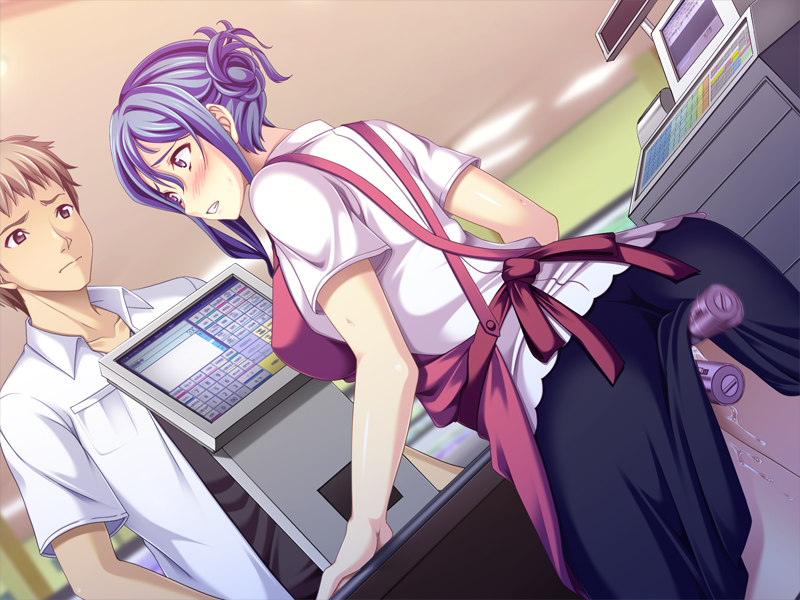 1boy 1girl anal anal_object_insertion aniyome_chijoku_no_time_sale aotonbo apron blush clenched_teeth clerk discreet_vibrator double_penetration hetero humiliation masturbation multiple_penetration object_insertion public_indecency public_vibrator pussy_juice sex_toy shop sneaky stealth teeth text_focus vaginal vaginal_object_insertion vibrator