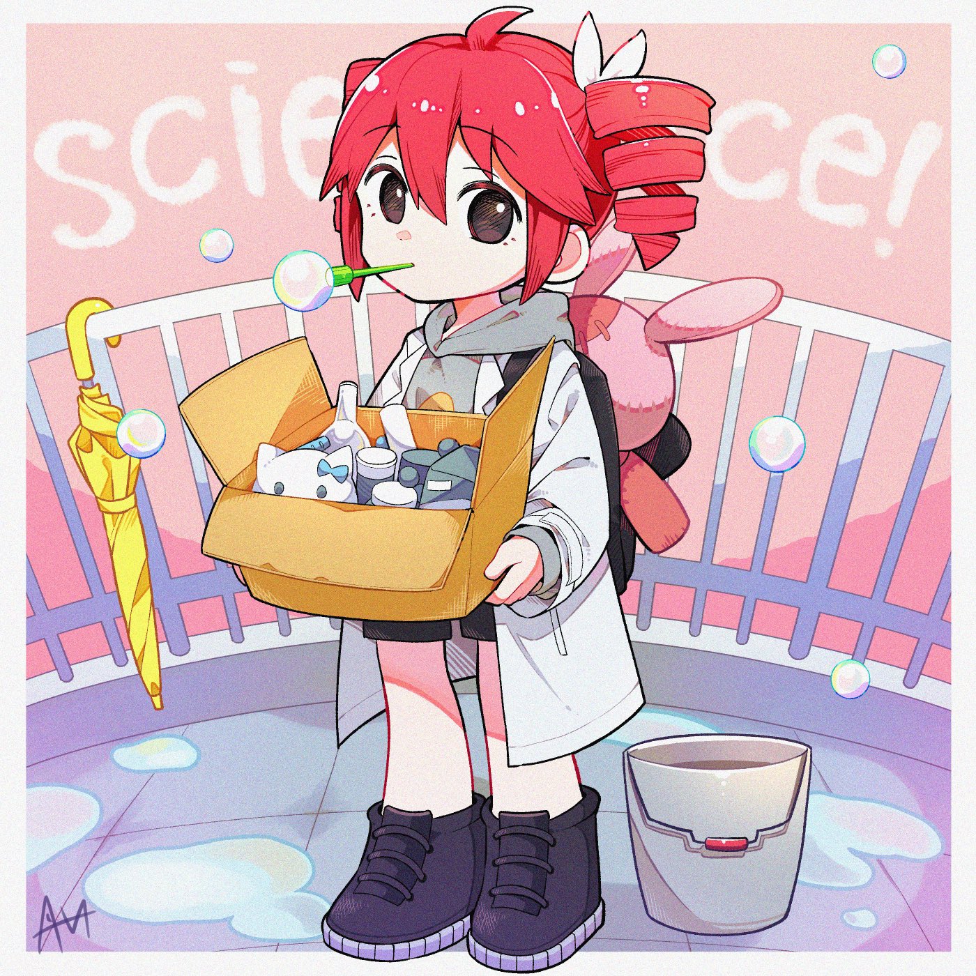 1girl aged_down ahoge alternate_costume alternate_eye_color backpack bag beaker black_bag black_eyes black_shoes black_shorts bottle bow box bubble bucket child coat commentary drill_hair full_body grey_sweater hair_between_eyes hair_bow hello_kitty hello_kitty_(character) highres hood hooded_sweater kasane_teto kasane_teto_(sv) long_sleeves measuring_cylinder railing red_hair science_(synthesizer_v) sanrio sato_(r017xts117) shoes shorts solo stuffed_animal stuffed_toy sweater synthesizer_v twin_drills umbrella utau water white_background white_bow