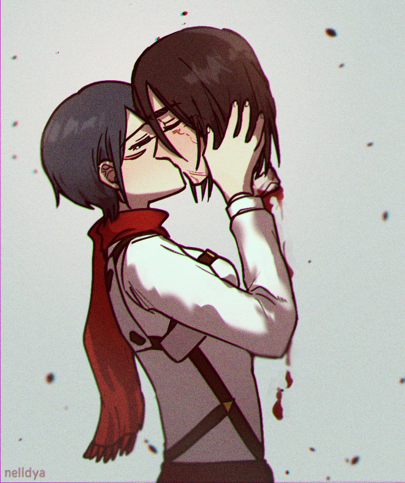 1boy 1girl artist_name black_hair blood brown_hair chromatic_aberration commentary eren_yeager facial_scar hashtag-only_commentary hetero holding_detached_head kiss mikasa_ackerman mina_(als_dk) red_scarf scar scar_on_cheek scar_on_face scarf severed_head shingeki_no_kyojin short_hair tears