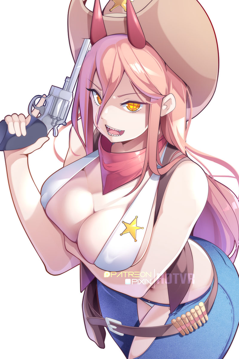 1girl bandana belt blonde_hair breasts chainsaw_man cleavage cowboy cowboy_hat cross-shaped_pupils gun hair_between_eyes handgun hat highres holster horns hot_vr large_breasts long_hair looking_at_viewer navel open_mouth power_(chainsaw_man) red_horns revolver sharp_teeth sheriff_badge smile solo symbol-shaped_pupils teeth weapon western