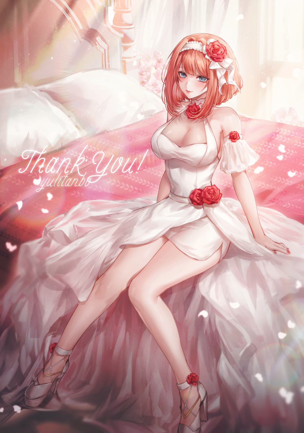 1girl alternate_costume aqua_eyes ark_royal_(kancolle) blunt_bangs bob_cut breasts commission dress flower hair_flower hair_ornament headband high_heels highres inverted_bob kantai_collection large_breasts looking_at_viewer neck_flower on_bed red_flower red_hair red_rose rose short_hair sitting skeb_commission smile solo white_dress white_footwear white_headband yuli_(yulipo)