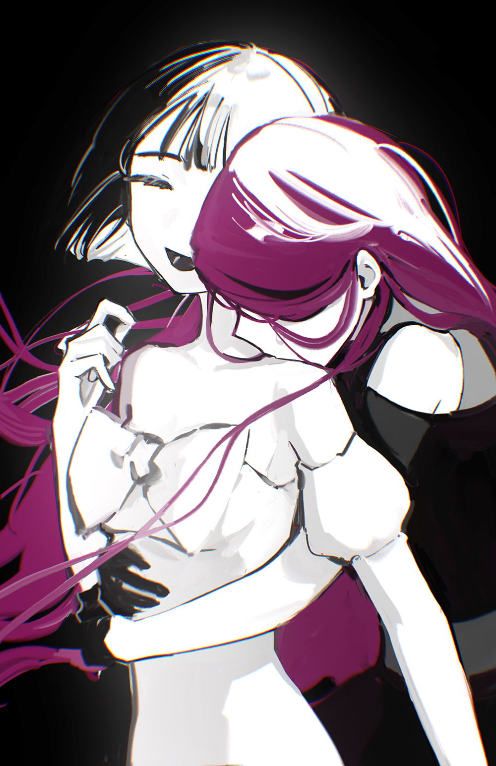 2girls alien_stage black_background black_dress black_gloves black_hair chromatic_aberration closed_eyes commentary dress english_commentary gloves highres kiss kissing_neck long_hair mizi_(alien_stage) moonie multiple_girls off-shoulder_dress off_shoulder open_mouth purple_hair short_hair simple_background smile sua_(alien_stage) upper_body white_dress yuri