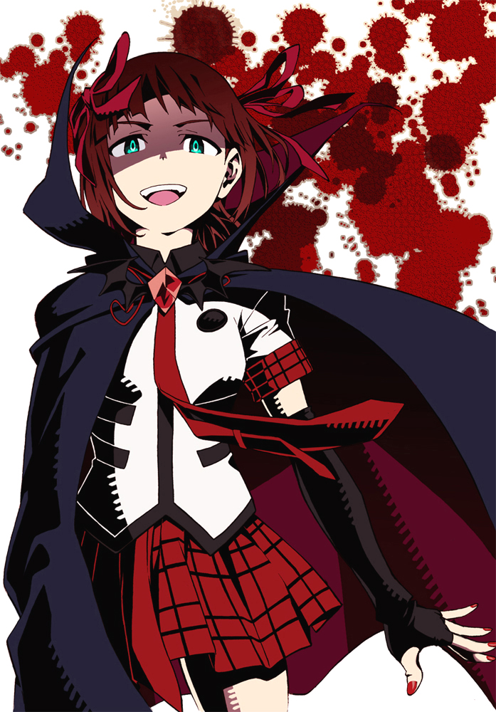 1girl amami_haruka blood brown_hair cape elbow_gloves female_focus fingerless_gloves gloves green_eyes hair_ribbon harustein idolmaster idolmaster_(classic) kamada_issei mujin_gattai_kisaragi plaid_clothes plaid_skirt pleated_skirt ribbon short_hair skirt solo