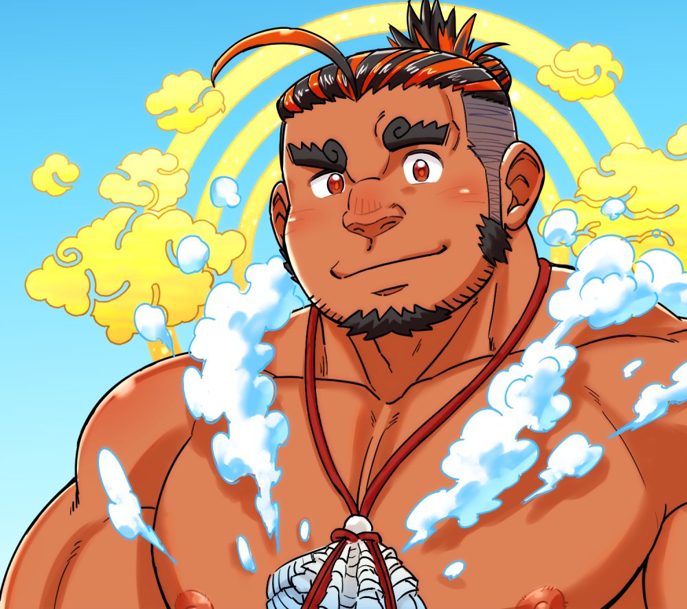1boy ahoge bara black_hair blue_background blush closed_mouth dark-skinned_male dark_skin ei_(marutendon) facial_hair goatee gradient_background hair_bun halo halo_behind_head jewelry large_pectorals long_sideburns looking_at_viewer male_focus multicolored_hair muscular muscular_male necklace nipples nose_blush nude pectorals portrait red_hair sarutahiko_(housamo) shell shell_necklace sideburns single_hair_bun solo steam streaked_hair stubble tokyo_houkago_summoners topknot undercut