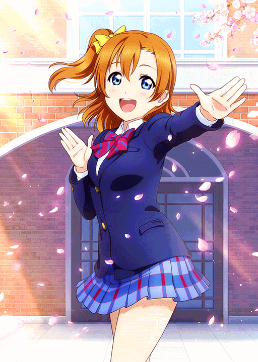 1girl :d anime_coloring arm_up blazer blue_eyes blue_jacket blue_skirt blush bow bowtie building cherry_blossoms cowboy_shot diagonal-striped_bow diagonal-striped_bowtie diagonal-striped_clothes door dress_shirt falling_petals flower hand_up jacket kosaka_honoka light_rays long_sleeves looking_to_the_side love_live! love_live!_school_idol_festival love_live!_school_idol_project miniskirt official_art one_side_up open_hands open_mouth orange_hair otonokizaka_school_uniform outdoors outstretched_arm outstretched_hand palms petals pink_flower pink_petals plaid_clothes plaid_skirt pleated_skirt red_bow red_bowtie school school_uniform shirt skirt smile solo spring_(season) standing striped_clothes sunbeam sunlight teeth tile_floor tiles upper_teeth_only white_shirt window winter_uniform yellow_bow