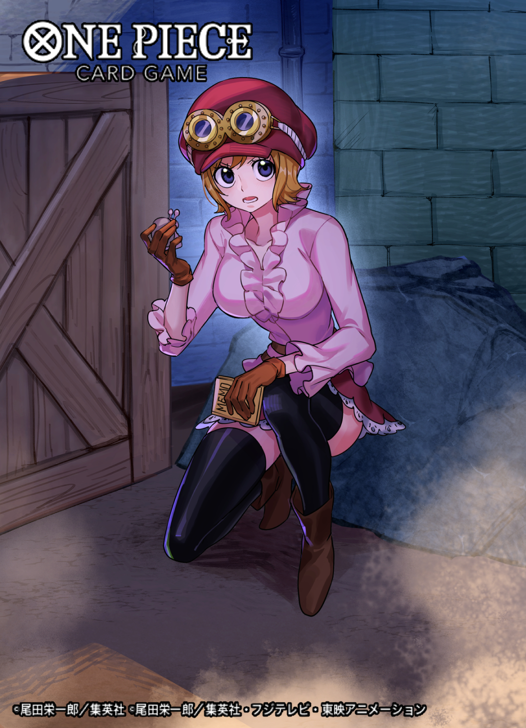 1girl black_thighhighs blue_eyes boots brown_boots commentary_request copyright_name den_den_mushi frilled_shirt frills goggles goggles_on_headwear hat highres koala_(one_piece) looking_at_viewer looking_to_the_side official_art on_one_knee one_piece one_piece_card_game open_mouth shirt short_hair skirt solo sunohara_(encount) thighhighs