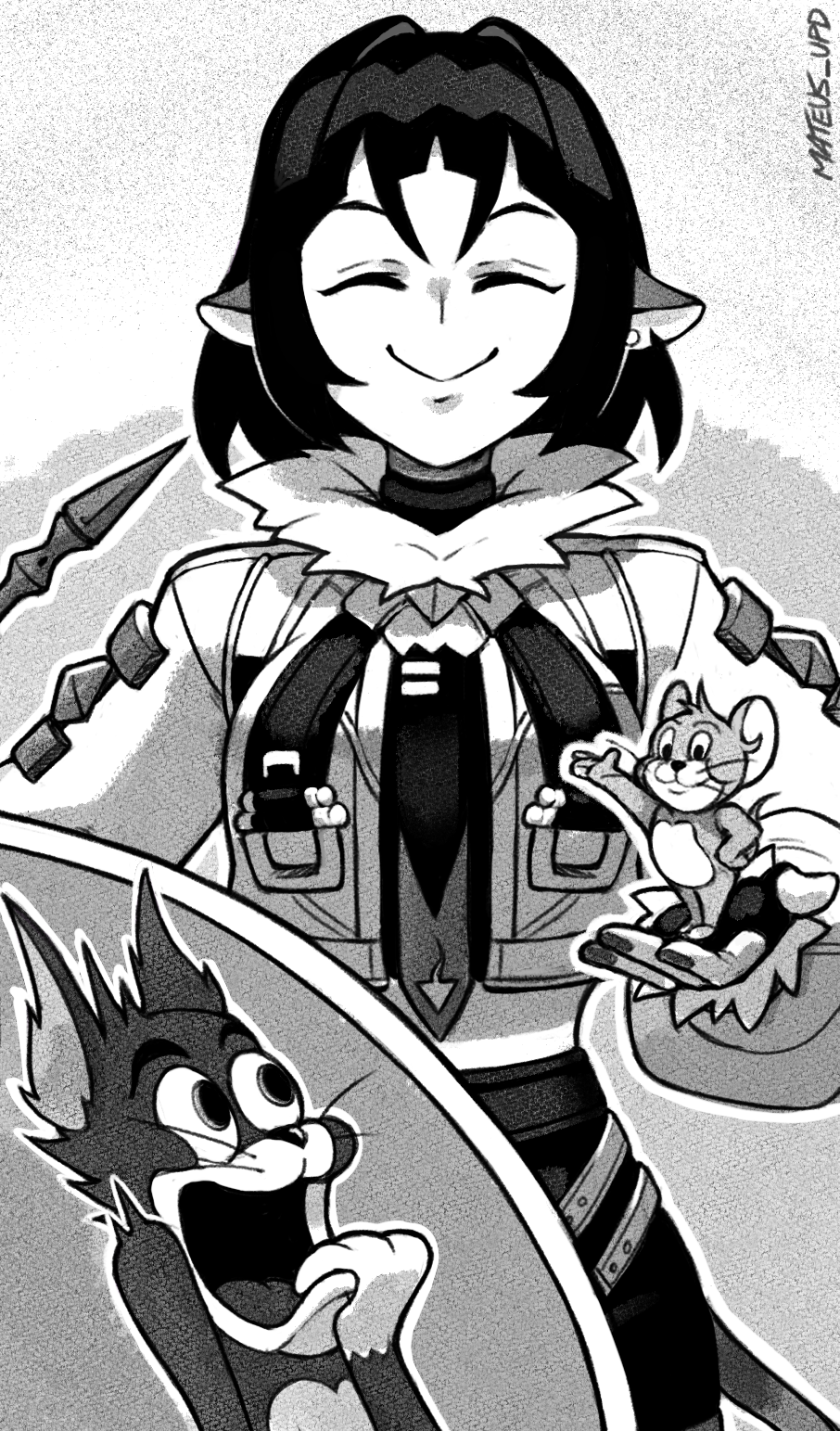 animal_ears cat closed_eyes highres holding jane_doe_(zenless_zone_zero) jerry_(tom_and_jerry) long_sleeves mateus_upd monochrome mouse_(animal) mouse_ears mouse_girl necktie puffy_collar short_hair smile tom_(tom_and_jerry) tom_and_jerry toon_(style) zenless_zone_zero