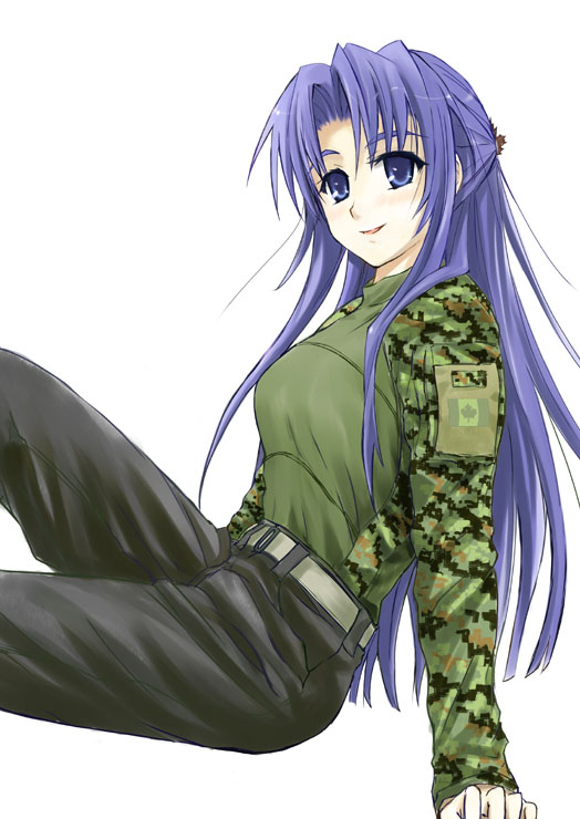 00s 1girl asakura_ryoko bad_id bad_pixiv_id blue_eyes blue_hair camouflage canada canadian_army canadian_forces digital_camouflage female_focus funeral_(artist) funeral_(pixiv_471657) half_updo long_hair matching_hair/eyes military simple_background solo sumisi suzumiya_haruhi_no_yuuutsu white_background