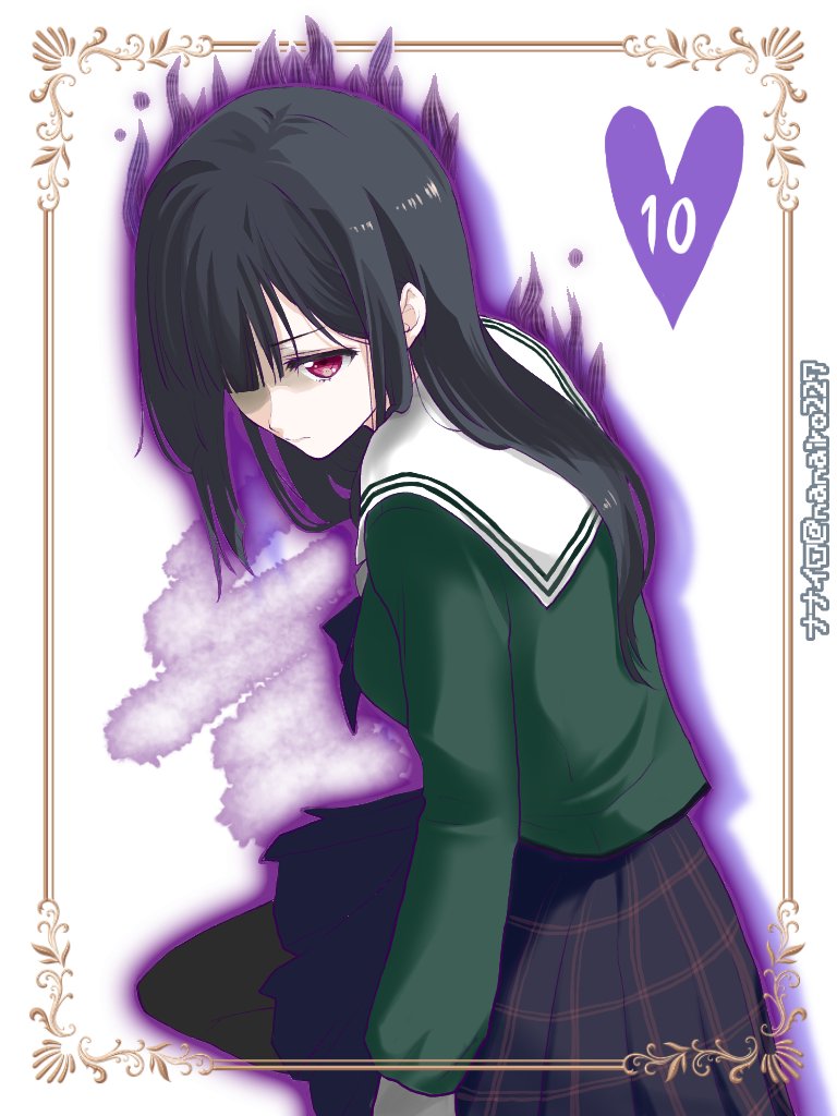 1girl 22/7 22/7_ongaku_no_jikan artist_name black_hair black_skirt black_thighhighs blue_bow blue_bowtie bow bowtie green_shirt hair_over_one_eye heart kurose_kyoko long_hair long_sleeves nanairo_(nanairo227) plaid_clothes plaid_skirt pleated_skirt red_eyes rokubanchou_school_uniform sailor_collar school_uniform serafuku shirt skirt solo thighhighs white_background white_sailor_collar winter_uniform