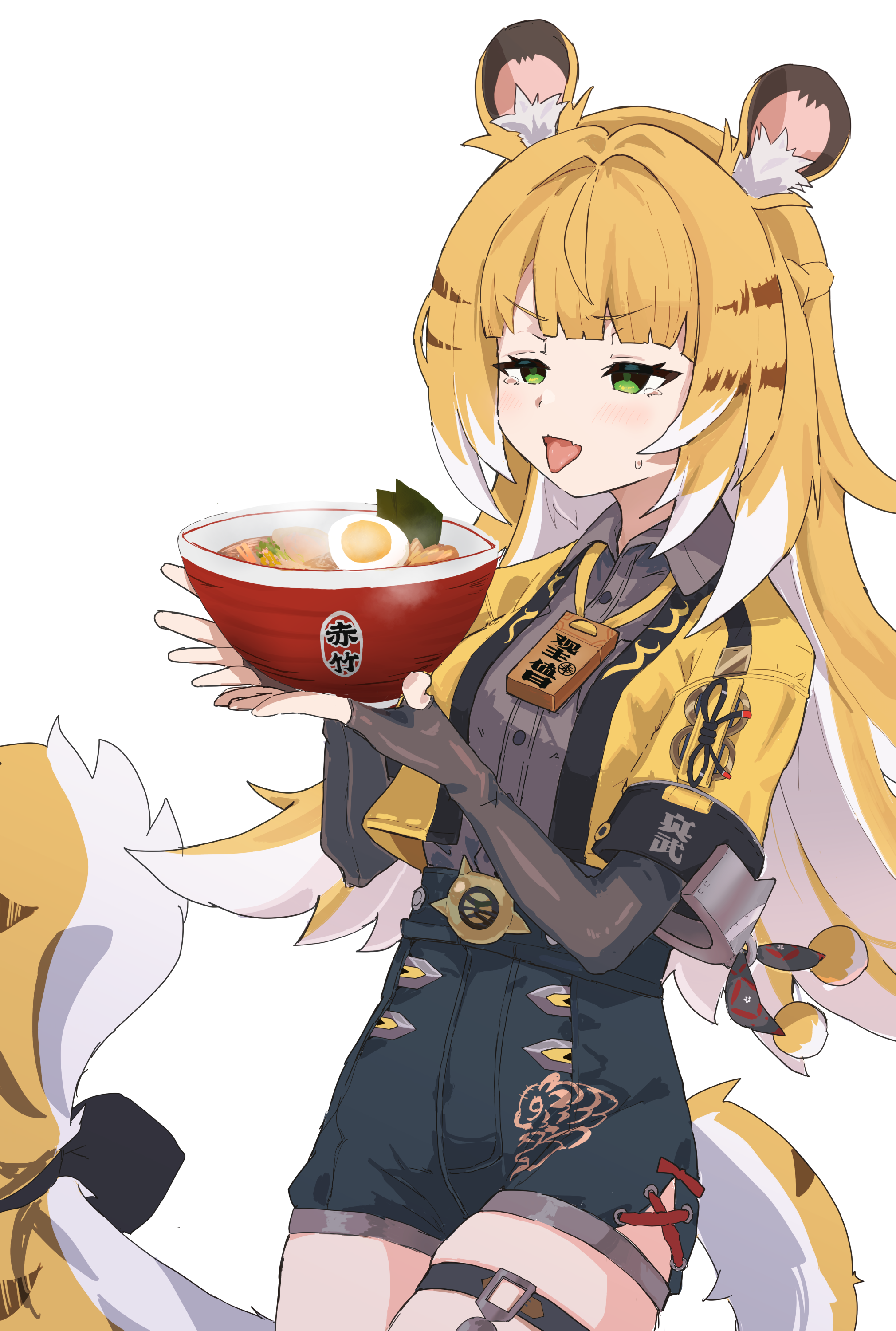 1girl absurdres animal_ear_fluff animal_ears black_gloves black_shorts blonde_hair bowl breasts collared_shirt colored_inner_hair cropped_jacket egg elbow_gloves fingerless_gloves food gloves green_eyes grey_shirt high-waist_shorts highres holding holding_bowl jacket ju_fufu long_hair multicolored_hair noodles open_mouth ramen shirt short_sleeves shorts simple_background small_breasts solo tail thigh_strap tiger_ears tiger_girl tiger_tail tongue tongue_out translation_request transparent_background white_hair yellow_jacket yucblossom zenless_zone_zero