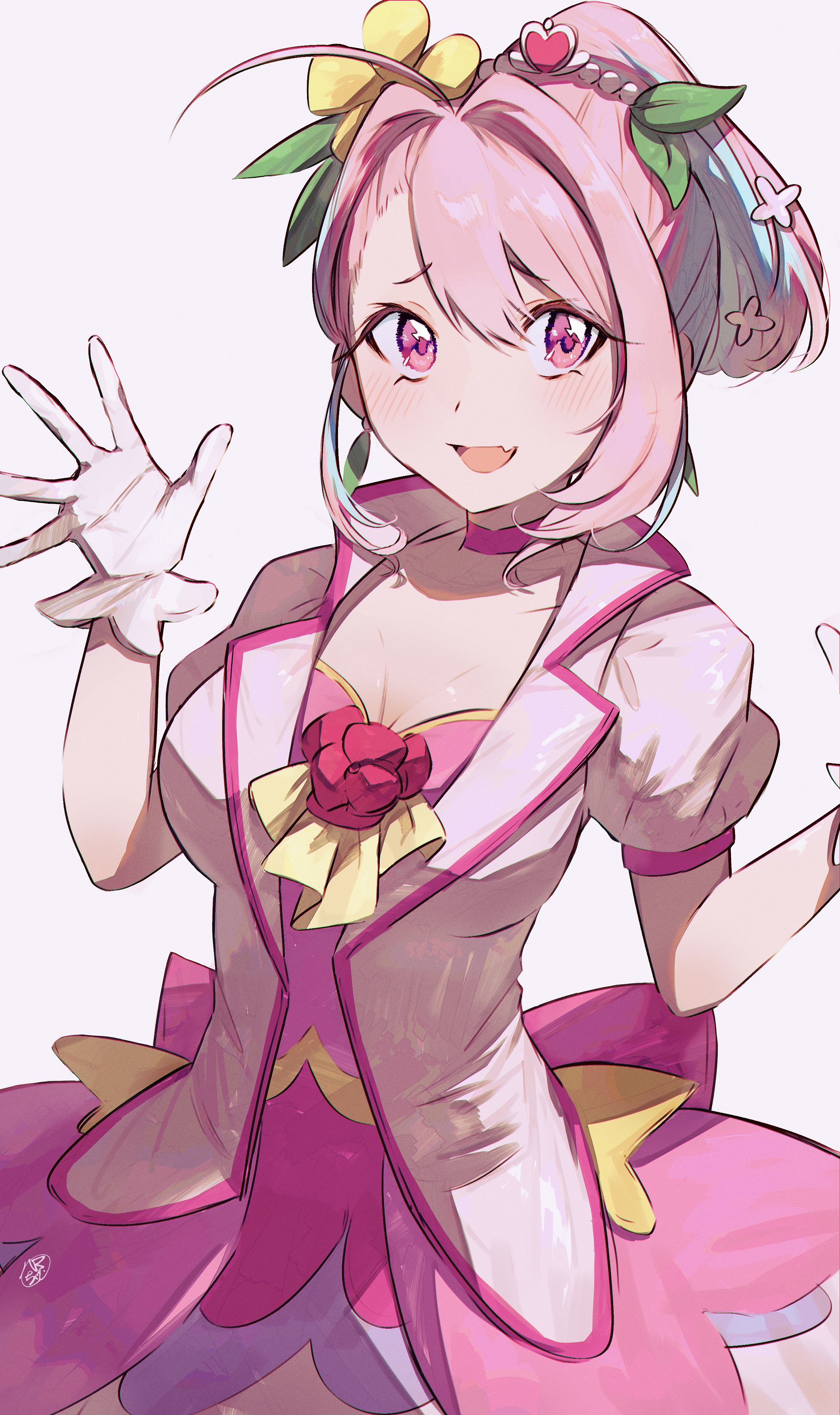 1girl absurdres ahoge breasts choker cleavage cosplay cure_grace cure_grace_(cosplay) dress fang flower grey_background hair_between_eyes hair_flower hair_ornament hamachamu hands_up healin'_good_precure high_ponytail highres idolmaster idolmaster_cinderella_girls jacket large_breasts looking_at_viewer multicolored_hair open_clothes open_jacket open_mouth pink_choker pink_dress pink_eyes pink_hair pink_jacket ponytail precure puffy_short_sleeves puffy_sleeves raised_eyebrows red_flower short_sleeves simple_background skin_fang smile solo two-tone_hair yellow_flower yumemi_riamu
