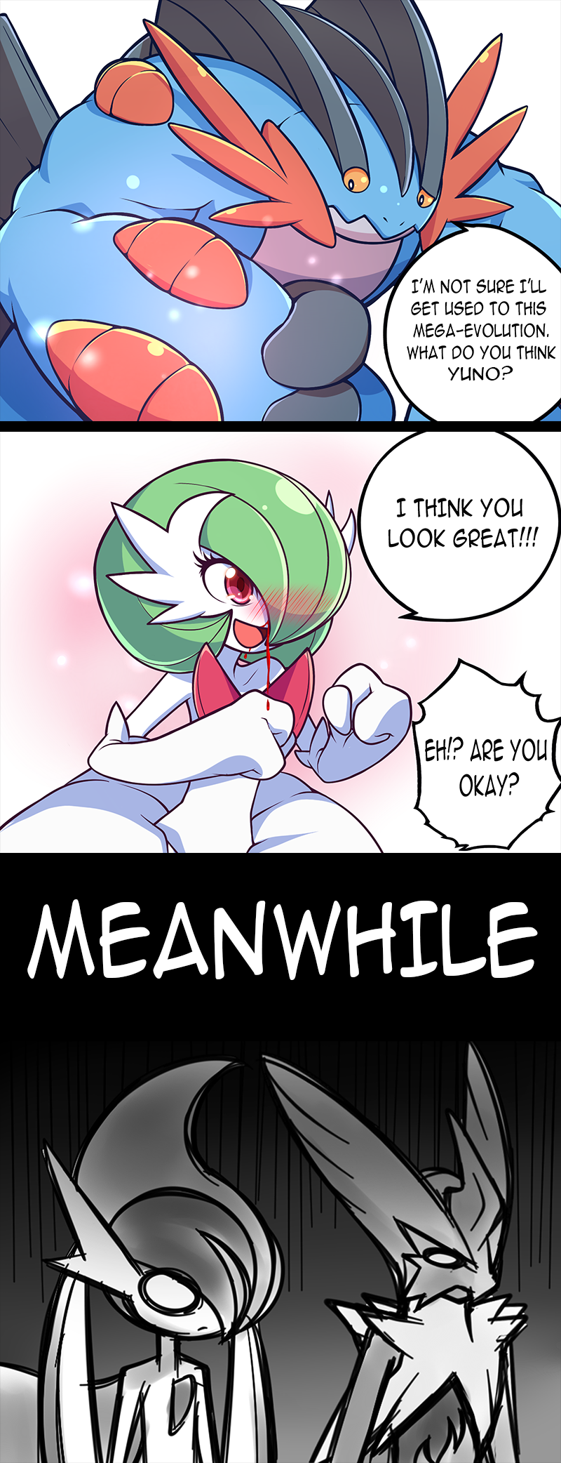 blaziken blood blue_skin blush bob_cut colored_sclera colored_skin dress elbow_gloves english_text gallade gardevoir gen_3_pokemon gen_4_pokemon gloves green_hair hair_over_one_eye highres mega_blaziken mega_gallade mega_gardevoir mega_pokemon mega_swampert mgx0 nintendo nosebleed orange_sclera pink_eyes pokemon pokemon_(creature) speech_bubble swampert white_dress white_gloves white_skin