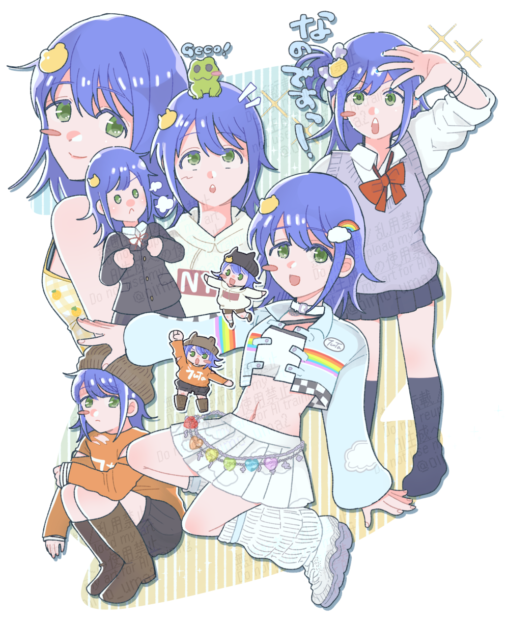1girl :&lt; :d alternate_costume black_skirt blue_hair blush_stickers bow bowtie chibi clenched_hands cloud_hair_ornament commentary_request frog_on_head fujishima_(oimo_uma2) full_body green_eyes hair_ornament hairclip hat highres long_hair long_sleeves looking_at_viewer loose_socks midriff miniskirt multiple_views navel one_side_up onii-chan_wa_oshimai! open_mouth pleated_skirt rainbow_hair_ornament red_bow red_bowtie shirt simple_background single_blush_sticker skirt smile socks sweater_vest tenkawa_nayuta watermark white_shirt white_skirt