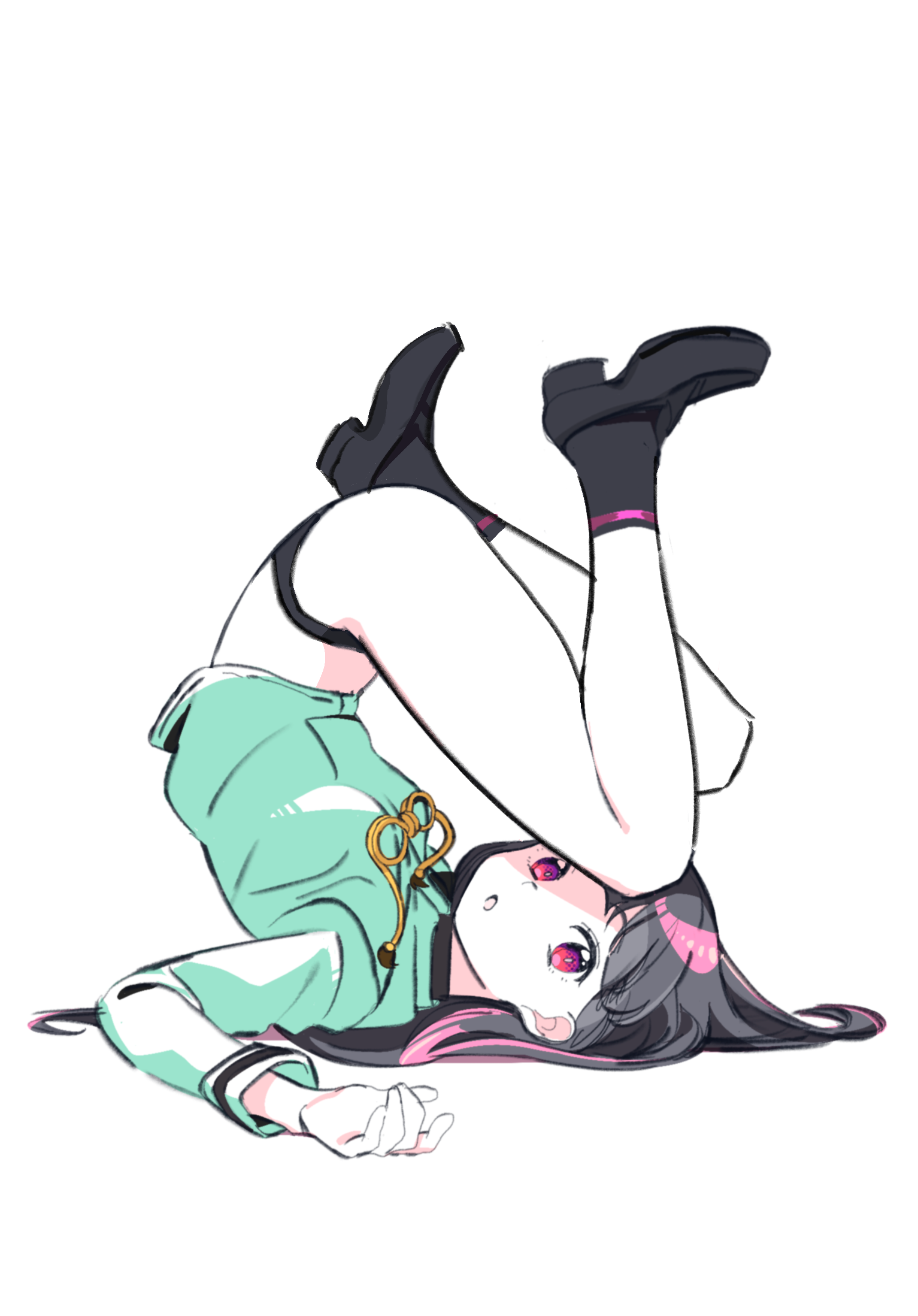 1girl black_hair black_panties black_shoes dohna_dohna_issho_ni_warui_koto_o_shiyou full_body hair_spread_out highres long_hair long_sleeves looking_at_viewer lying mibu_kikuchiyo nnn-ollll panties purple_eyes shoes simple_background solo underwear upside-down white_background