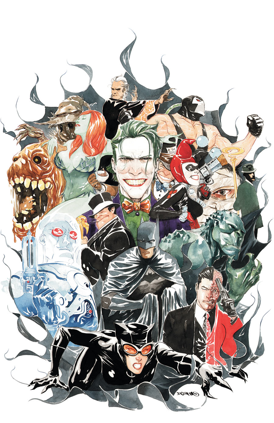 bandages bane batman_(series) bodysuit bow bowler_hat bowtie cane cape catwoman clayface colored_skin dc_comics dustin_nguyen formal_clothes gloves goggles green_hair green_skin gun harley_quinn harvey_dent hat highres hush_(dc) killer_croc mad_hatter_(dc) mask mr._freeze necktie poison_ivy ra&#039;s_al_ghul red_hair scar scarecrow_(dc) selina_kyle smile smoking suit tea the_joker the_penguin the_riddler top_hat two-face weapon