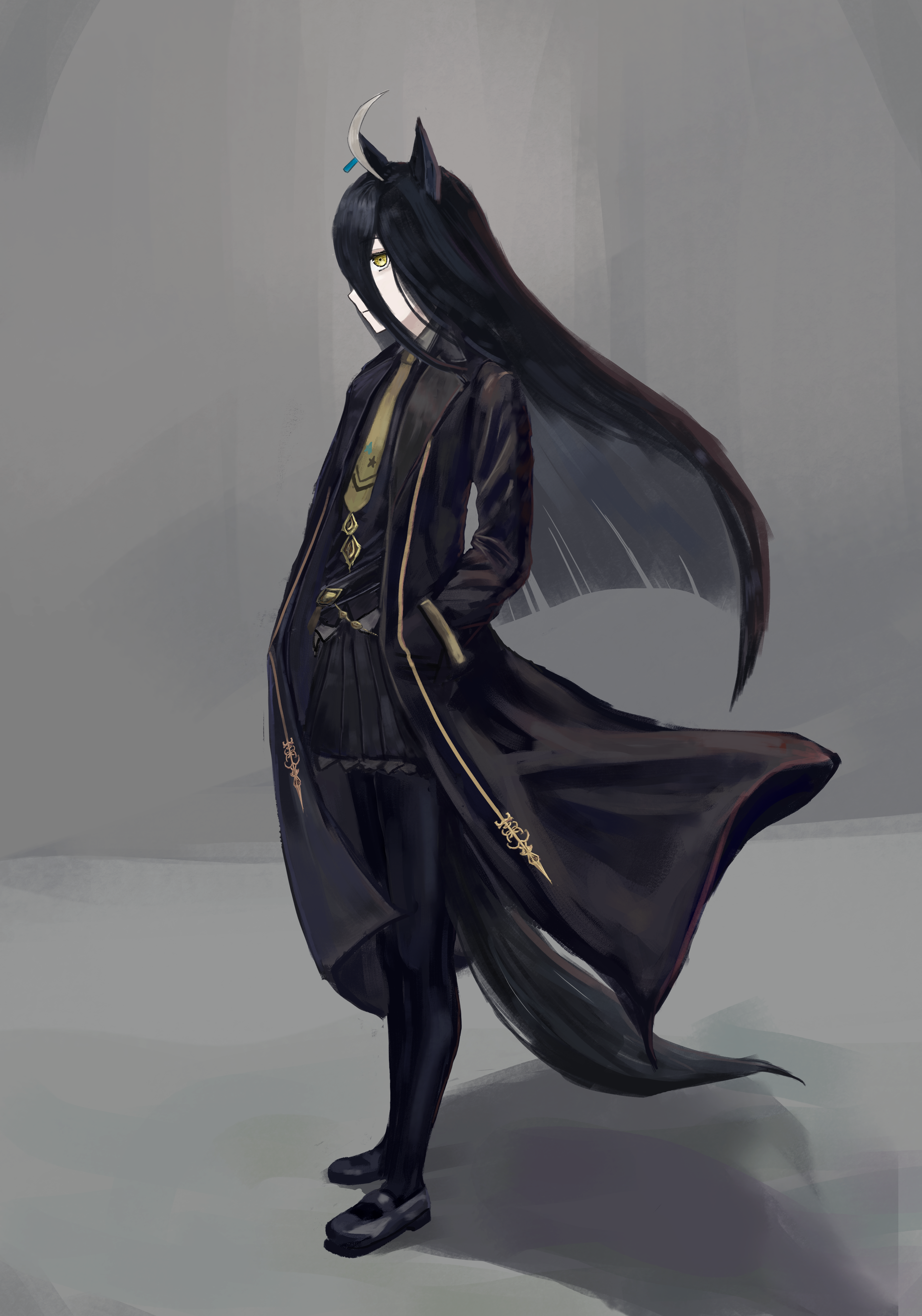 1girl absurdres ahoge belt black_belt black_coat black_pantyhose black_shirt black_shoes black_skirt closed_mouth coat collared_shirt ear_tag earrings grey_background grey_hair hair_between_eyes hands_in_pockets highres jewelry long_bangs long_hair long_hair_between_eyes manhattan_cafe_(umamusume) multicolored_hair necktie open_clothes open_coat pantyhose pleated_skirt shirt shoes single_earring skirt solo standing thefatum umamusume very_long_hair yellow_eyes yellow_necktie