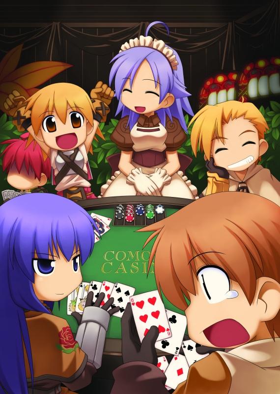 3boys 3girls acolyte_(ragnarok_online) ahoge apron armor blonde_hair breastplate breasts brown_capelet brown_dress brown_hair brown_sash bush capelet card chibi chibi_only closed_eyes collared_dress comodo_casino dress floral_print frilled_apron frills gambling gloves grin holding holding_card indoors kafra_uniform long_hair long_sleeves looking_at_another maid maid_headdress medium_breasts multiple_boys multiple_girls novice_(ragnarok_online) official_art open_mouth pavianne_(ragnarok_online) playing_card poker poker_chip poker_table puffy_short_sleeves puffy_sleeves purple_eyes purple_hair ragnarok_online red_hair rose_print shaded_face shirt short_hair short_sleeves sleeveless sleeveless_shirt smile standing swordsman_(ragnarok_online) table third-party_source upper_body white_apron white_capelet white_gloves white_shirt yuichirou